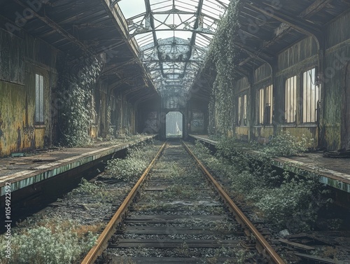 A derelict train station with rusting tracks, broken windows, and overgrown platforms, left in eerie silence.