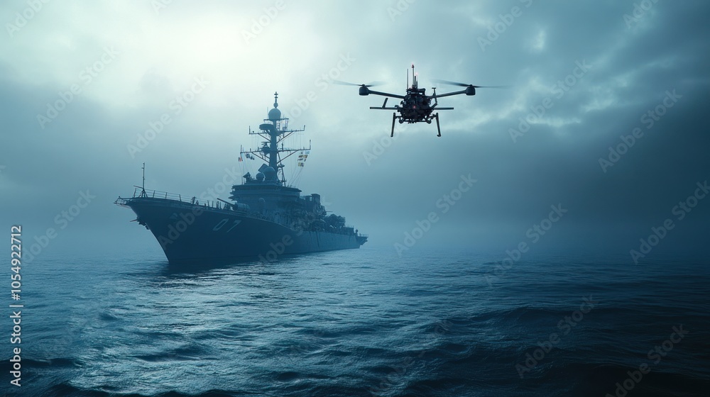 Battleship drone flying above the vessel, capturing real-time surveillance data. Battleship drone flying above the vessel, capturing real-time surveillance data.