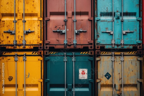 Close-up of stacked cargo containers in various colors, neatly aligned, showing weathered surfaces, company logos, and the intricate locking mechanisms that hold them in place. photo