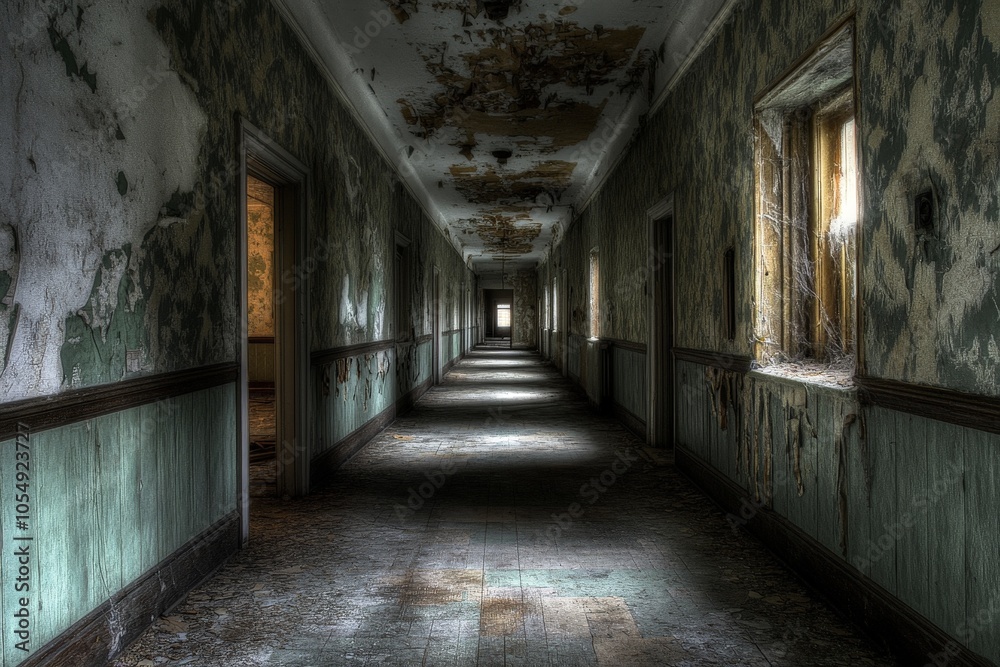 A dilapidated asylum, with long, dark hallways and peeling wallpaper, giving off a haunting atmosphere. A dilapidated asylum, with long, dark hallways and peeling wallpaper, giving off a haunting atmosphere.