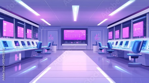 Futuristic Control Room Interior Design with Monitors Workstations and Neon Lights