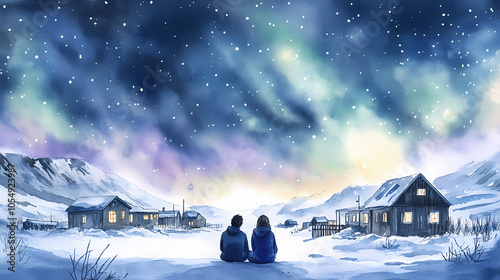 Two residents of the far north are thinking about their home. northern lights over the village. watercolor illustration. Inuit Ice Village. Illustration photo