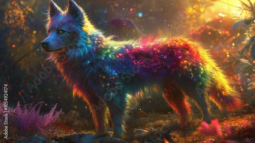 Colorful wolf with bright fur and bokeh light background photo