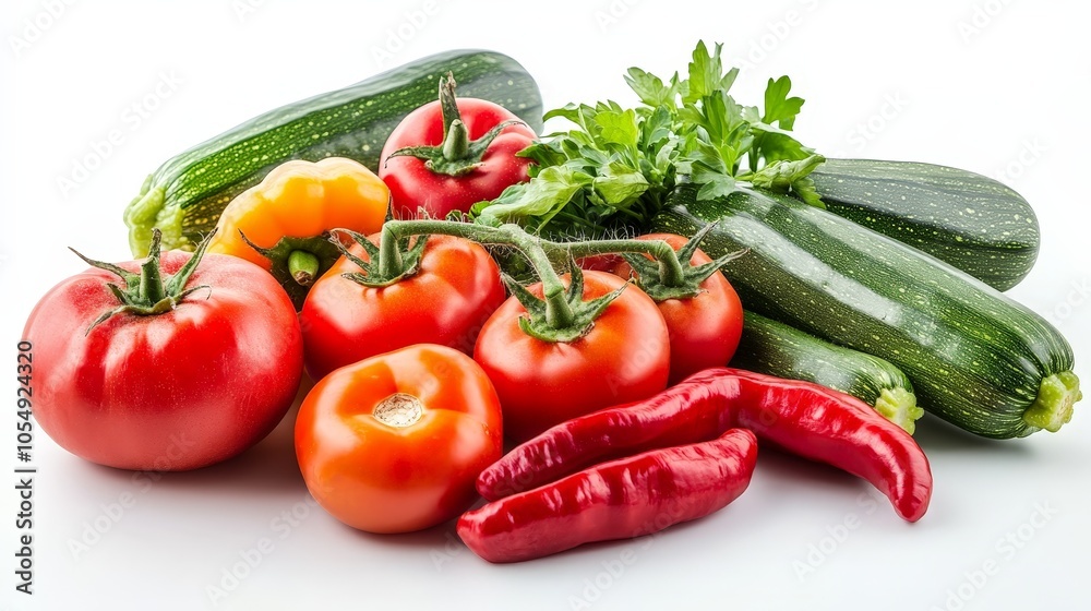 A display of fresh seasonal vegetables like tomatoes, zucchini, and peppers, perfect for summer recipes, isolated on a white background A display of fresh seasonal vegetables like tomatoes, zucchini, and peppers, perfect for summer recipes, isolated on a white background