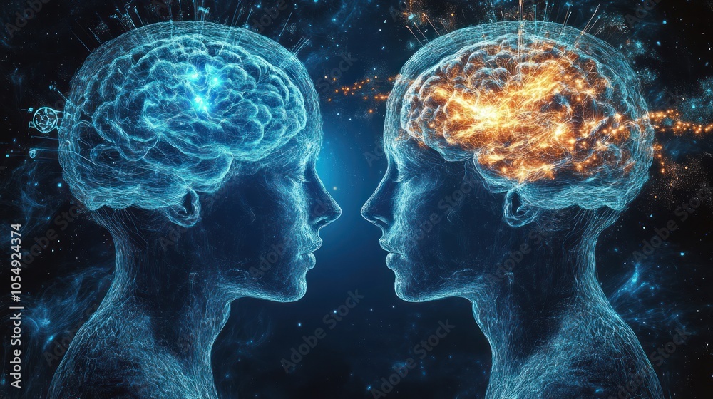Brain-to-brain communication technology, visualizing futuristic neural data exchange. Brain-to-brain communication technology, visualizing futuristic neural data exchange.