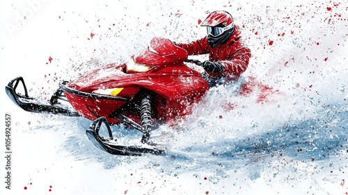 Red Snowmobile Rider in Snowy Landscape Winter Sports Adventure Speed Snow Ice Action Illustration photo