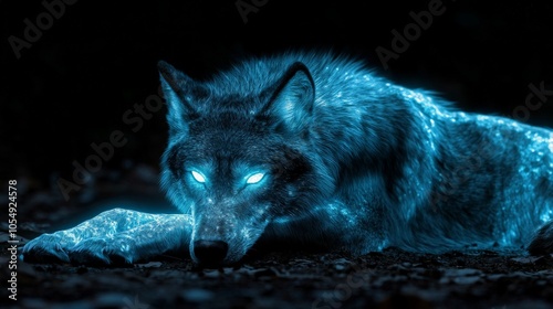 Mystical glowing wolf with blue light, dark background. photo