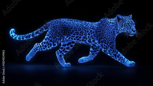 Blue neon leopard running in the darkness. photo