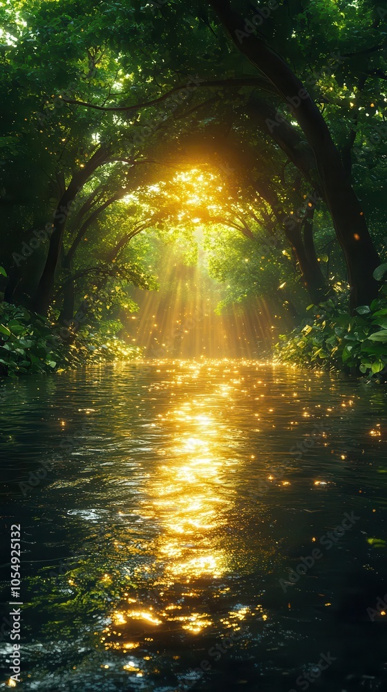 sunlight streams through a vibrant forest canopy creating a mystical tunnel effect over a meandering river surrounded by lush greenery and sparkling reflections sunlight streams through a vibrant forest canopy creating a mystical tunnel effect over a meandering river surrounded by lush greenery and sparkling reflections
