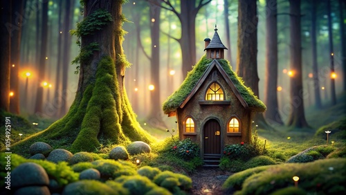 Whimsical fairy tale clay house in enchanted forest with glowing windows and magical atmosphere