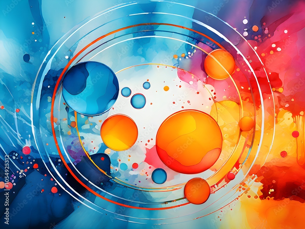 Obraz premium Colorful circles on blue orange background. Digital painting 