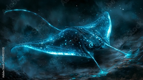 Glowing manta ray with bioluminescence in the dark ocean depths. photo