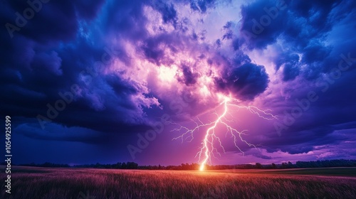 A dramatic lightning strike over an open field, with the sky glowing purple and blue from the storm intensity.