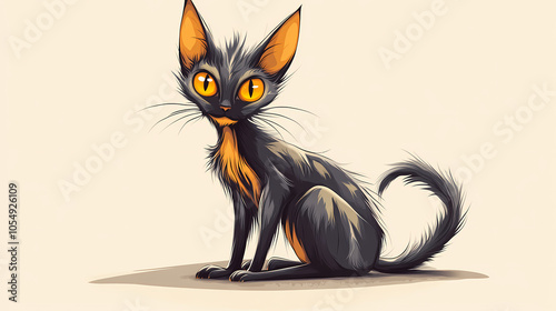 Unique and wild lykoi cat sitting in cartoonized style - beautiful feline portrait. Shapeshifter. Illustration photo