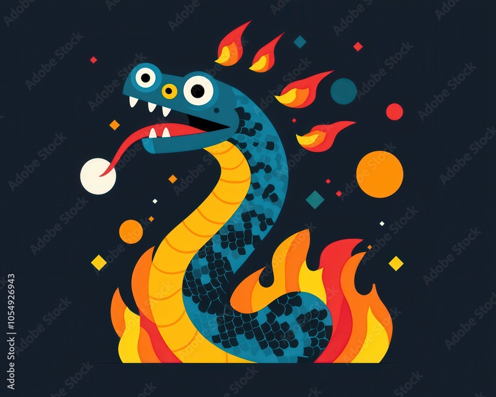 Colorful Cartoon Serpent Surrounded by Flames Colorful Cartoon Serpent Surrounded by Flames