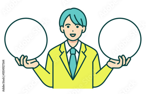 二つの選択肢。制服を着た男子高生が比較をするベクターイラスト素材。