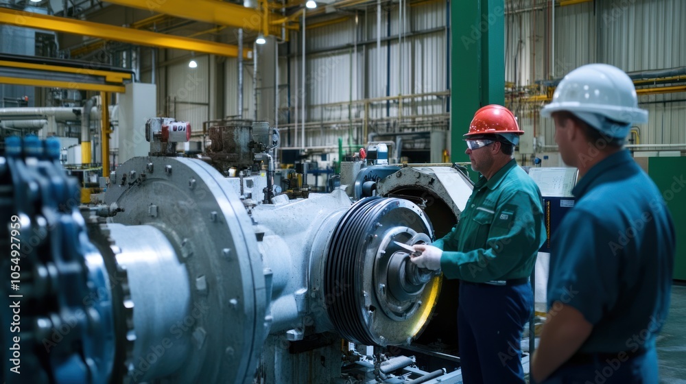 Fototapeta premium Engineering team inspecting machinery at an industrial plant, ensuring operational efficiency.
