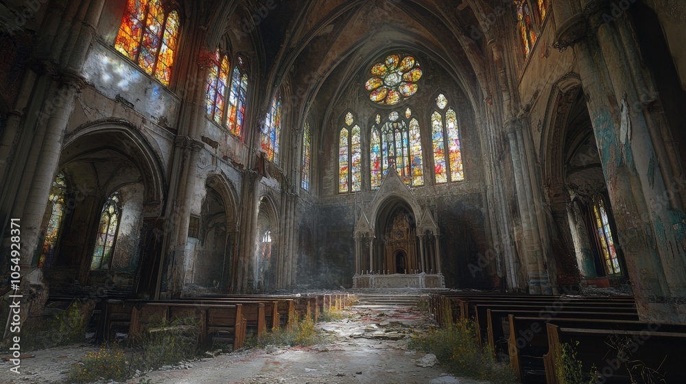 Fototapeta premium A forgotten cathedral in a small town, its once-beautiful stained glass windows shattered and the interior covered in dust.