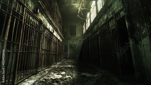 A forgotten prison, with rusting bars, dark hallways, and the eerie silence of an abandoned place.