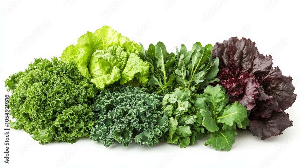 A fresh selection of vegetables grown in a vertical farm, featuring leafy greens like lettuce, arugula, and kale, isolated on a white background A fresh selection of vegetables grown in a vertical farm, featuring leafy greens like lettuce, arugula, and kale, isolated on a white background