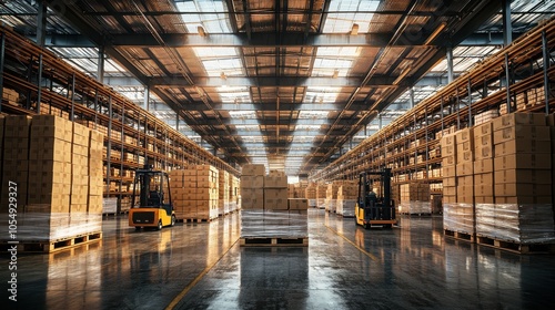 A large warehouse showcasing numerous stacked boxes and forklifts in action during the golden hour of sunset