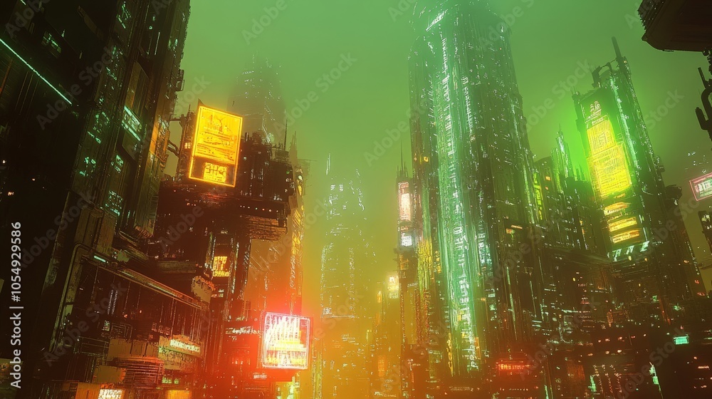 Naklejka premium A futuristic AI-generated cityscape, with holographic billboards and organic-looking skyscrapers glowing under a neon-lit sky.