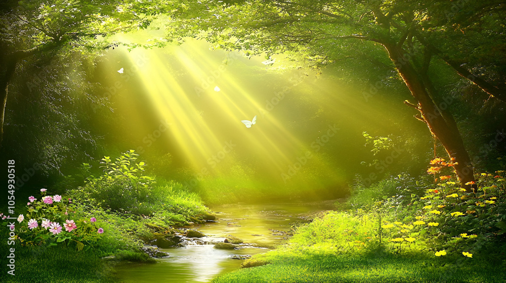 Obraz premium Serene stream in lush greenery with sunlight