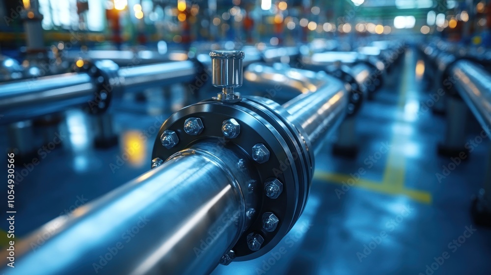 Fototapeta premium Industrial pipes with flanges in a factory setting.