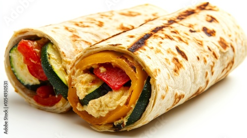 A grilled vegetable wrap filled with roasted peppers, zucchini, and hummus, offering a healthy and delicious meal option, isolated on a white background photo