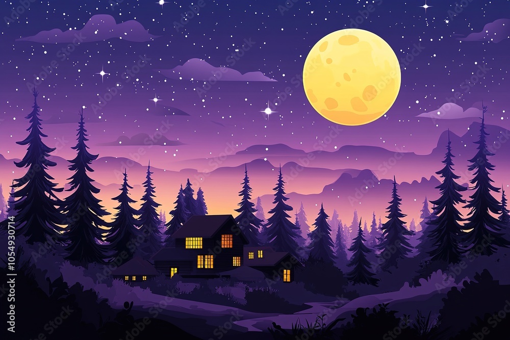 Fototapeta premium A full moon shines brightly over a small cabin nestled in a forest, with mountains in the distance.