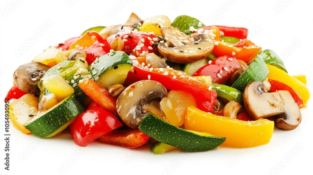 A healthy vegetable stir-fry with a variety of colorful vegetables like bell peppers, zucchini, and mushrooms, isolated on a white background A healthy vegetable stir-fry with a variety of colorful vegetables like bell peppers, zucchini, and mushrooms, isolated on a white background
