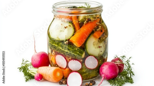 A jar of homemade pickled vegetables, including cucumbers, carrots, and radishes, packed with vinegar and spices, isolated on a white background photo