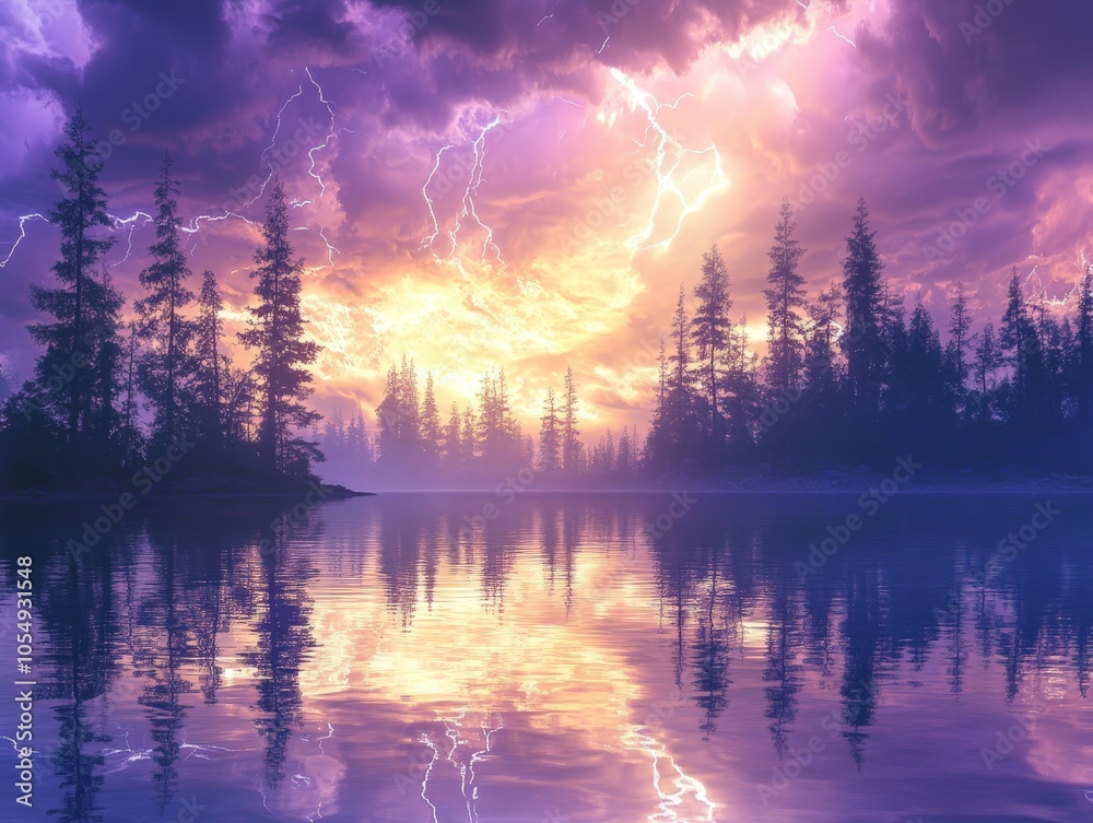 A lightning storm over a large lake, with the bolts reflected on the water surface, casting a surreal glow. A lightning storm over a large lake, with the bolts reflected on the water surface, casting a surreal glow.