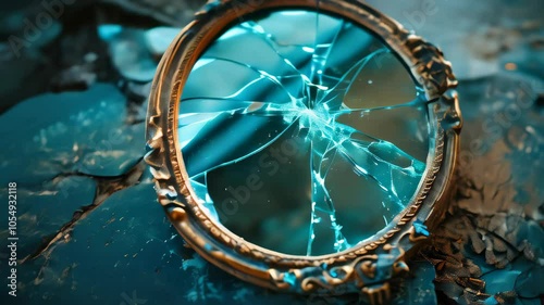 Exploring a shattered antique mirror in an abandoned location during the late afternoon