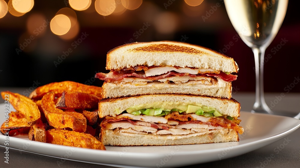 A delicious turkey and bacon sandwich with avocado and sweet potato fries, perfect for a casual lunch or dinner. A delicious turkey and bacon sandwich with avocado and sweet potato fries, perfect for a casual lunch or dinner.