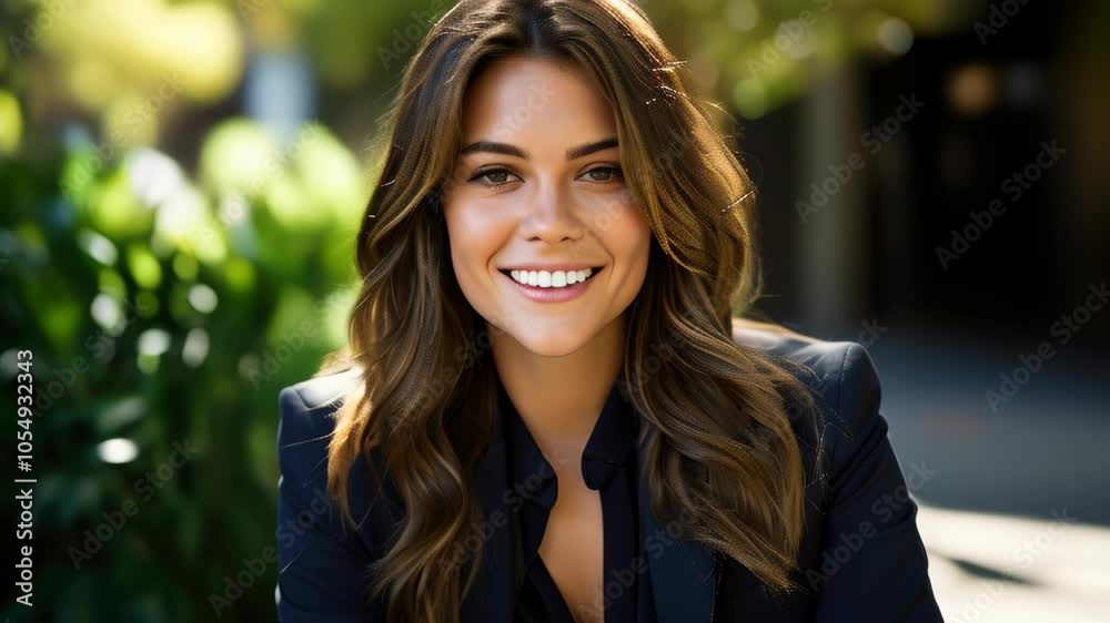 A smiling young woman enjoys a sunny day outdoors in a lush garden with vibrant greenery A smiling young woman enjoys a sunny day outdoors in a lush garden with vibrant greenery