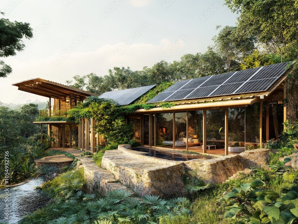 A luxury eco-lodge built from sustainable materials, featuring solar panels, natural ventilation, and composting toilets. A luxury eco-lodge built from sustainable materials, featuring solar panels, natural ventilation, and composting toilets.