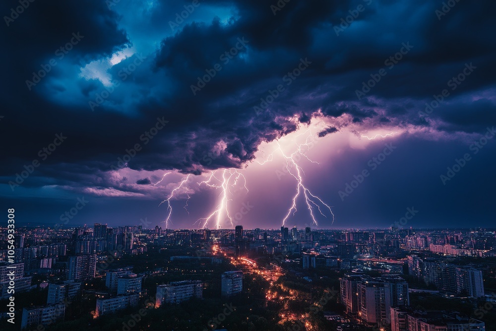 A massive lightning storm lighting up the skyline of a major city, with bolts cutting across the dark, stormy sky. A massive lightning storm lighting up the skyline of a major city, with bolts cutting across the dark, stormy sky.