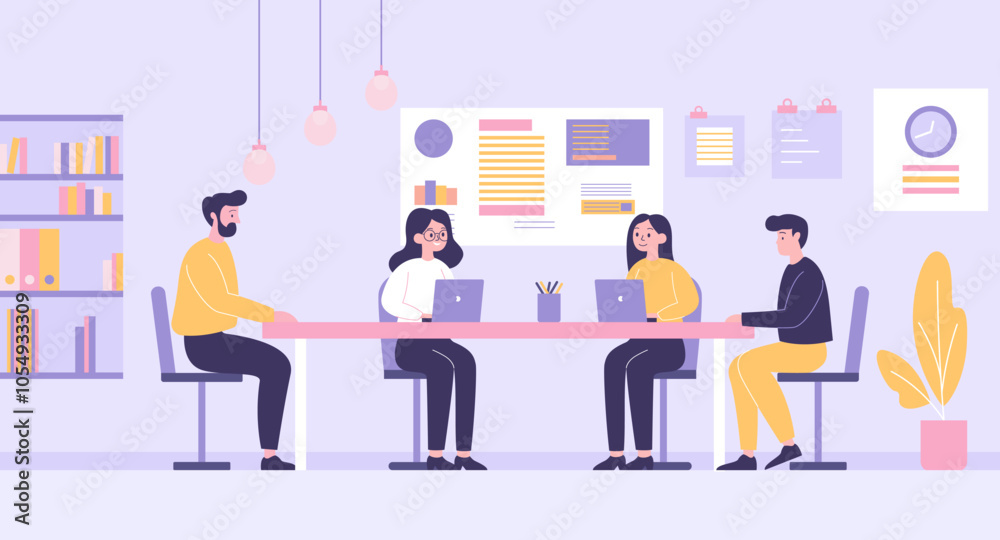 Flat Design Illustration of Teamwork Business Meeting at office with Infographic on Screen Flat Design Illustration of Teamwork Business Meeting at office with Infographic on Screen