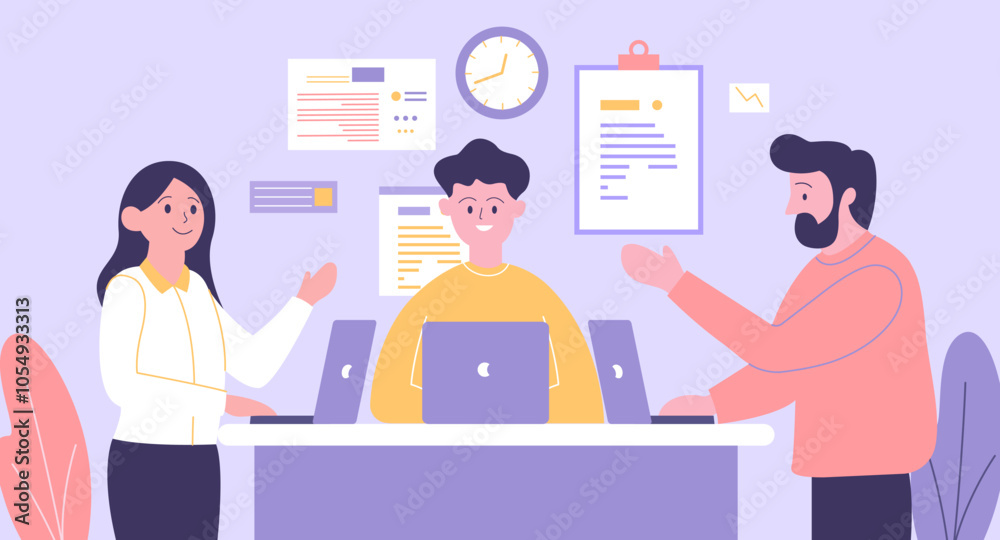 Flat Design Illustration of Teamwork Business Meeting at office with Infographic on Screen Flat Design Illustration of Teamwork Business Meeting at office with Infographic on Screen