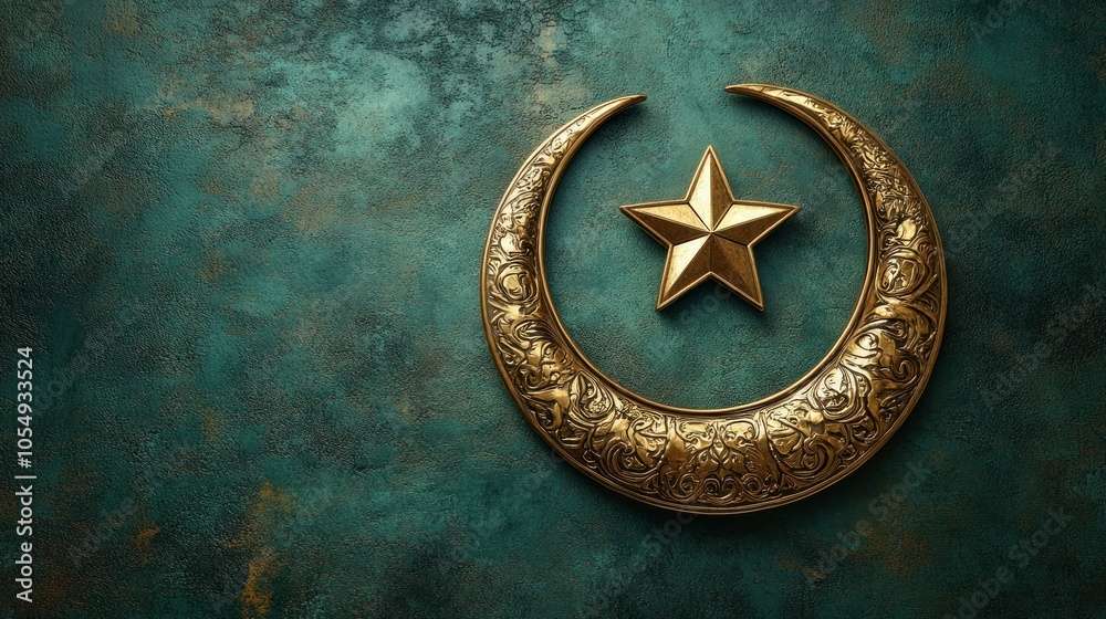 Fototapeta premium Ornate Golden Crescent Moon and Star on Teal Background
