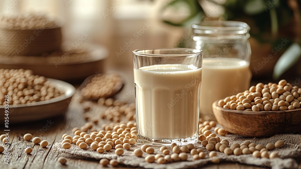 A serene and warm image perfect for World Vegan Month, featuring soy milk with scattered soybeans. Ideal for vegan product promotions and health-focused designs. A serene and warm image perfect for World Vegan Month, featuring soy milk with scattered soybeans. Ideal for vegan product promotions and health-focused designs.
