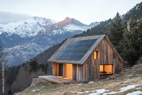 A minimalist eco-friendly cabin in the mountains, powered by solar energy and insulated with natural materials.