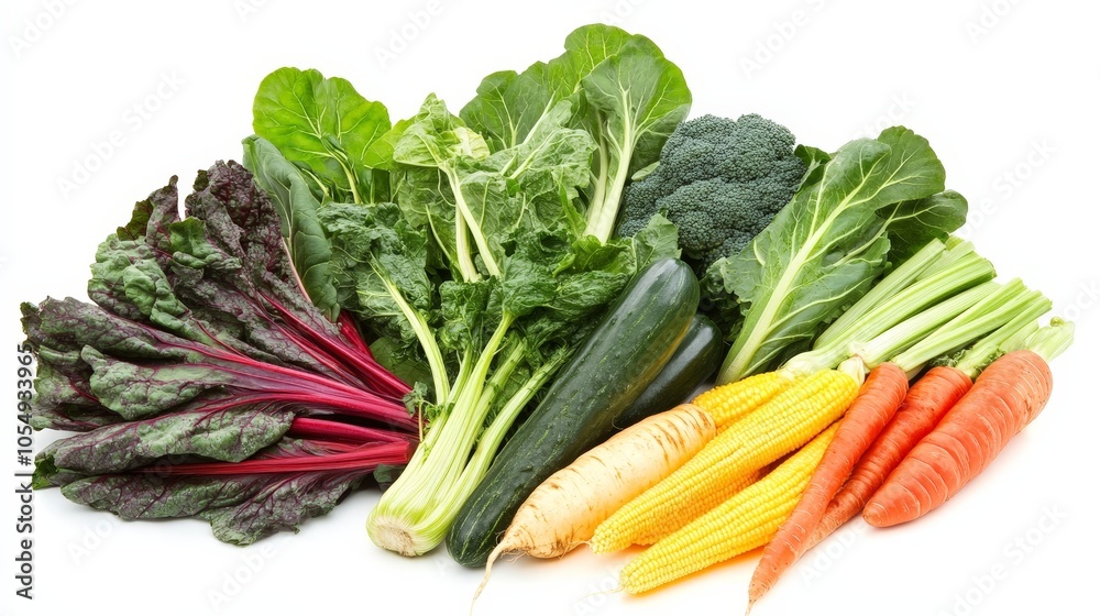 A mix of old-world vegetables such as chard, cardoon, and mangelwurzel, offering a taste of traditional farming, isolated on a white background A mix of old-world vegetables such as chard, cardoon, and mangelwurzel, offering a taste of traditional farming, isolated on a white background