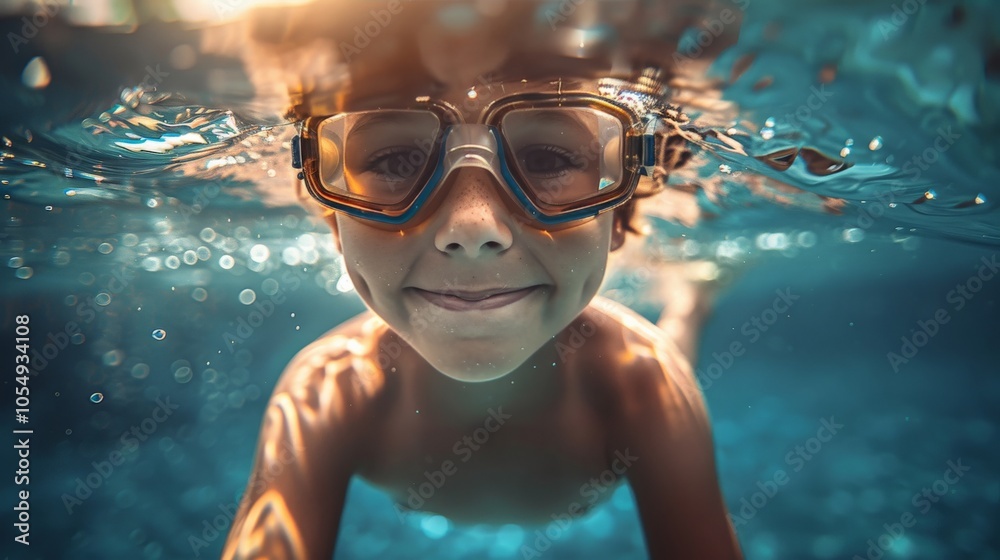 Fototapeta premium A child wearing swim goggles and swimming underwater