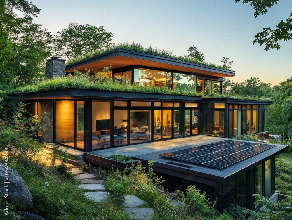 A modern eco-friendly home built with recycled glass and steel, featuring solar panels and a green roof for insulation. A modern eco-friendly home built with recycled glass and steel, featuring solar panels and a green roof for insulation.