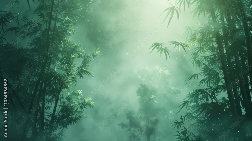 A soft, green bamboo forest background with misty elements, providing a tranquil and mystical atmosphere for nature or spa-themed designs A soft, green bamboo forest background with misty elements, providing a tranquil and mystical atmosphere for nature or spa-themed designs