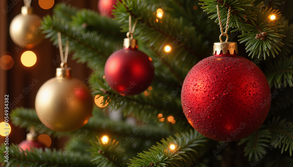 Red and gold Christmas ornaments on tree with glowing lights
