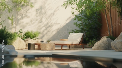 A modern outdoor living space with a minimalist design. 