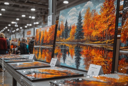 Colorful autumn landscapes displayed in art fair gallery